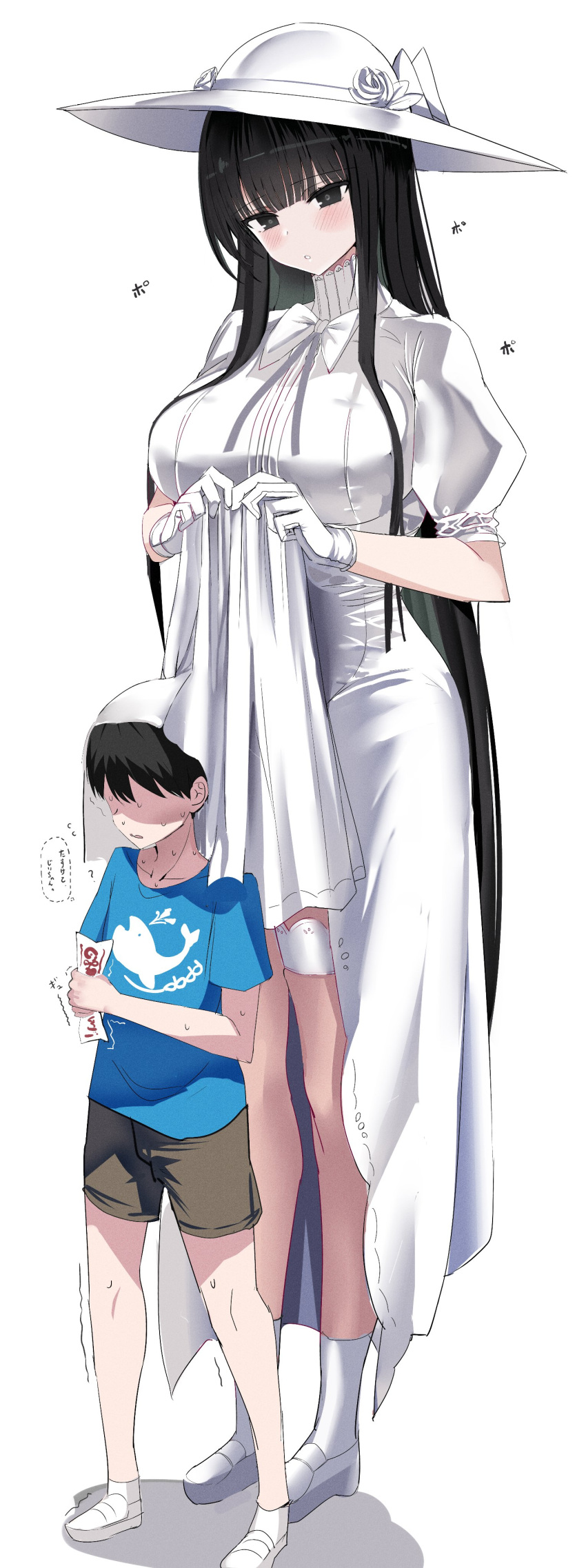 1boy 1girl absurdres age_difference bangs black_eyes black_hair blue_shirt blunt_bangs blush breasts clothes_lift commentary dress dress_lift faceless faceless_male full_body gloves hanasaka_houcha hasshaku-sama highres large_breasts leg_garter lifted_by_self long_hair ofuda original puffy_short_sleeves puffy_sleeves scared shaded_face shirt short_sleeves shorts simple_background sweat sweating_profusely tall_female translated trembling very_long_hair white_background white_dress white_gloves white_headwear