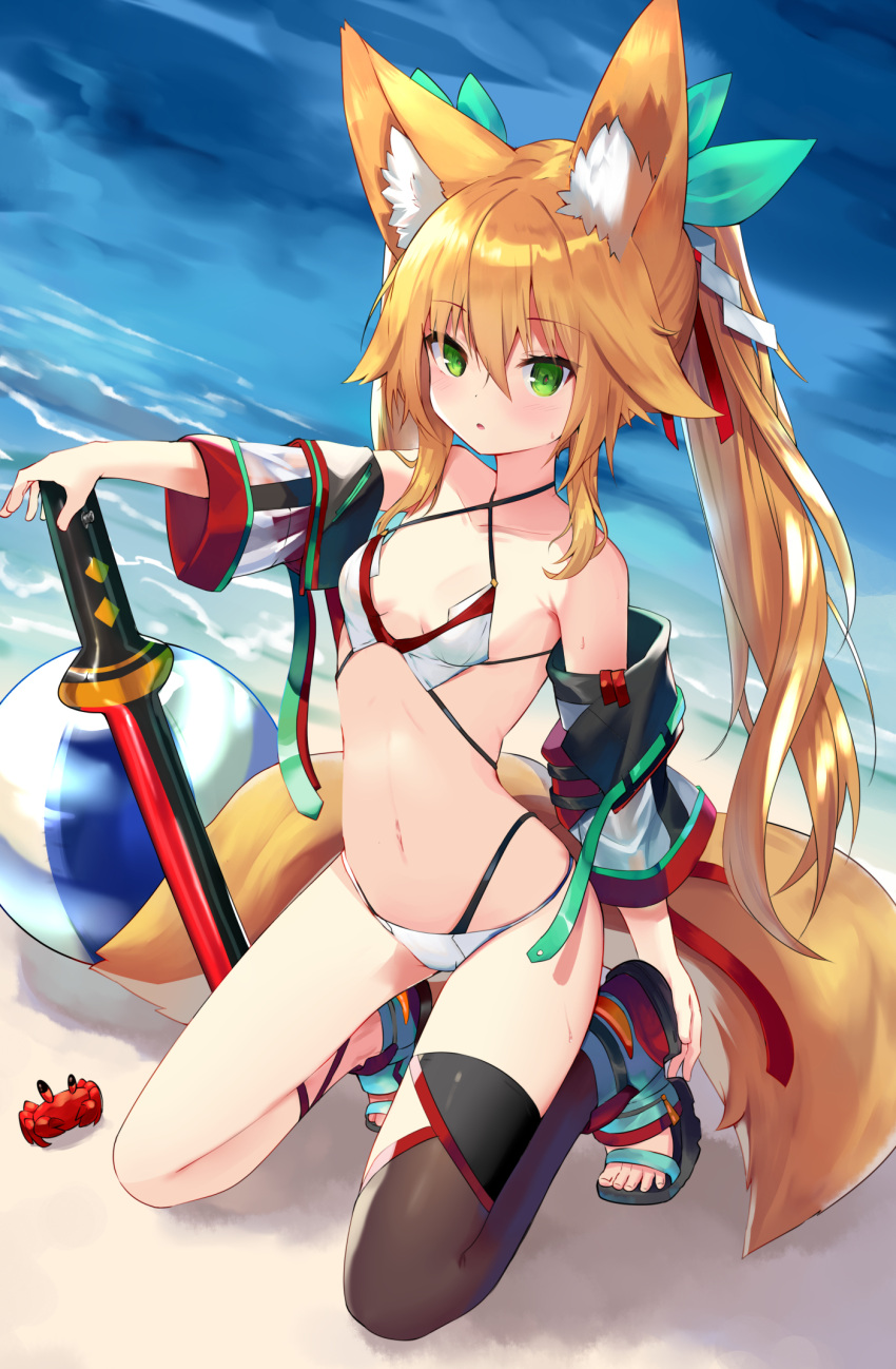 1girl animal_ear_fluff animal_ears ball bare_shoulders beach beachball bikini blonde_hair breasts brown_legwear criss-cross_halter detached_sleeves fox_ears fox_girl fox_tail green_eyes hair_ribbon halterneck highres kitsune kneeling kokonoe_tsubaki long_hair looking_at_viewer multi-strapped_bikini multiple_tails navel original parted_lips ribbon sandals sidelocks single_thighhigh small_breasts solo stomach string_bikini swimsuit sword tail thigh-highs thighs twintails two_tails very_long_hair weapon wet white_bikini yoshizawa_tsubaki