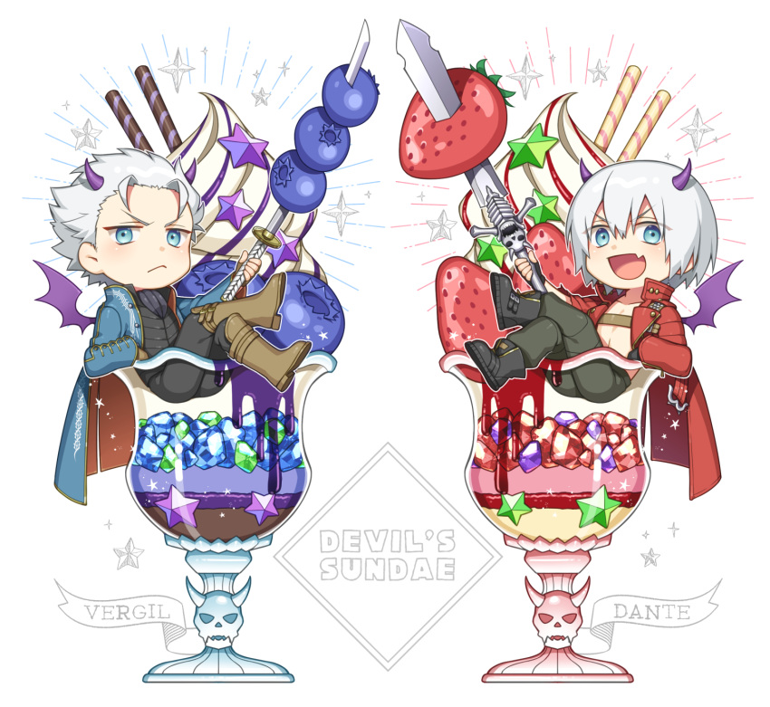 2boys :&lt; :d black_footwear blue_coat blue_eyes blueberry boots brothers brown_footwear brown_gloves character_name chibi coat coattails collarbone crossed_legs dante_(devil_may_cry) demon_horns demon_wings dessert devil_may_cry_(series) devil_may_cry_3 english_text fangs fingerless_gloves food fruit gloves hair_slicked_back highres holding horns ice_cream in_food katana kuronohana long_sleeves male_focus multiple_boys open_mouth oversized_food oversized_object rebellion_(sword) red_coat red_eyes short_hair siblings silver_hair simple_background sitting skewer skin_fangs smile sparkle star_(symbol) strawberry sundae sword torn_clothes torn_sleeves v-shaped_eyebrows vergil_(devil_may_cry) wafer_stick weapon white_background wings yamato_(sword)