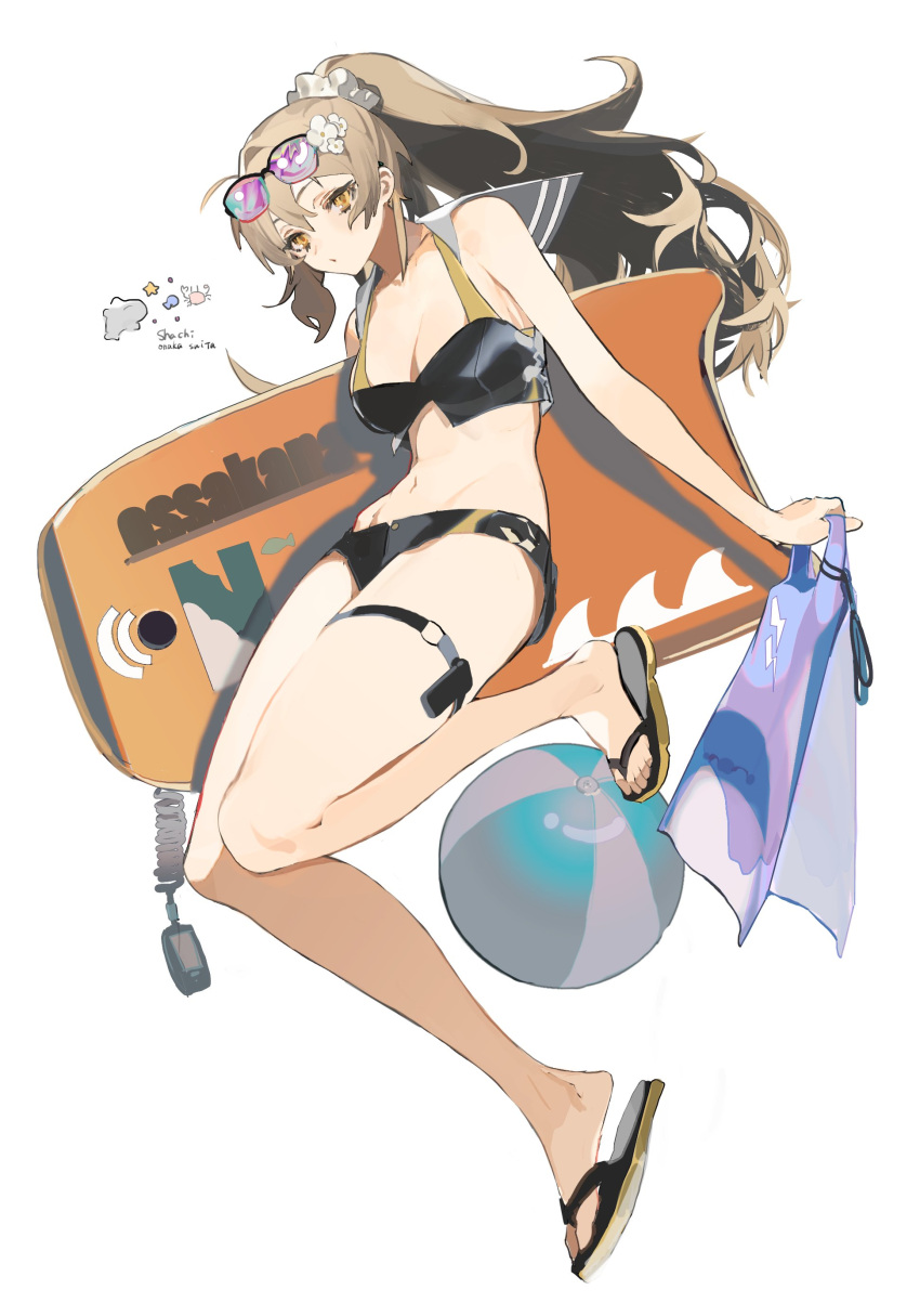 1girl absurdres b0rzzz0i ball bangs bare_shoulders beachball bikini black_bikini breasts brown_hair commentary eyewear_on_head flip-flops flippers flower hair_between_eyes hair_flower hair_ornament hair_scrunchie highres long_hair looking_at_viewer navel original parted_lips sandals scrunchie simple_background solo stomach sunglasses swimsuit symbol_commentary thigh_strap white_background white_flower yellow_eyes