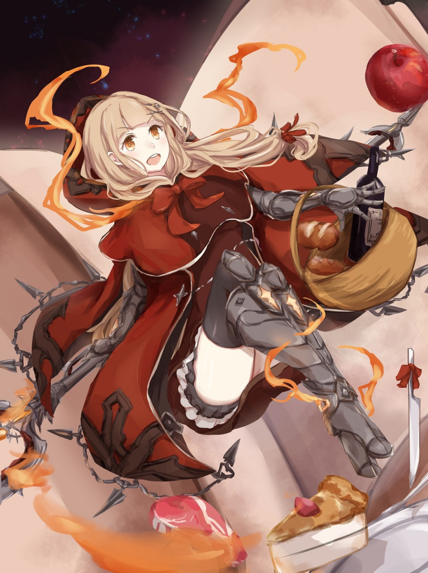 1girl apple armored_boots aya_(jhisaishi) bangs basket blonde_hair blunt_bangs book boots bow bread cape elbow_gloves eyebrows_visible_through_hair fire food fruit gloves hair_ornament hair_ribbon hairclip happy highres holding holding_basket hood hood_down knife little_red_riding_hood_(sinoalice) long_hair meat open_mouth orange_eyes ribbon shorts sinoalice solo thigh-highs zettai_ryouiki