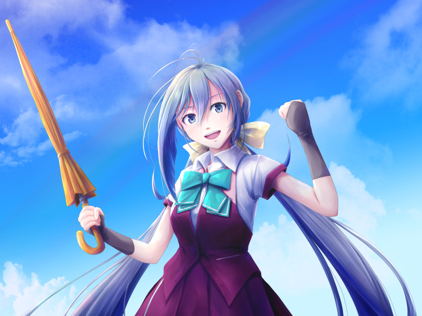 1girl absurdres aqua_neckwear black_gloves blue_sky bow bowtie day fingerless_gloves gloves grey_eyes grey_hair highres huge_filesize junk_life kantai_collection kiyoshimo_(kancolle) long_hair low_twintails outdoors purple_vest school_uniform short_sleeves sky solo twintails very_long_hair vest
