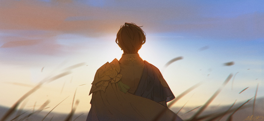 1boy alzi_xiaomi backlighting blurry cape claude_von_riegan clouds dark dawn depth_of_field film_grain fire_emblem fire_emblem:_three_houses from_behind highres looking_afar short_hair sky solo upper_body wind