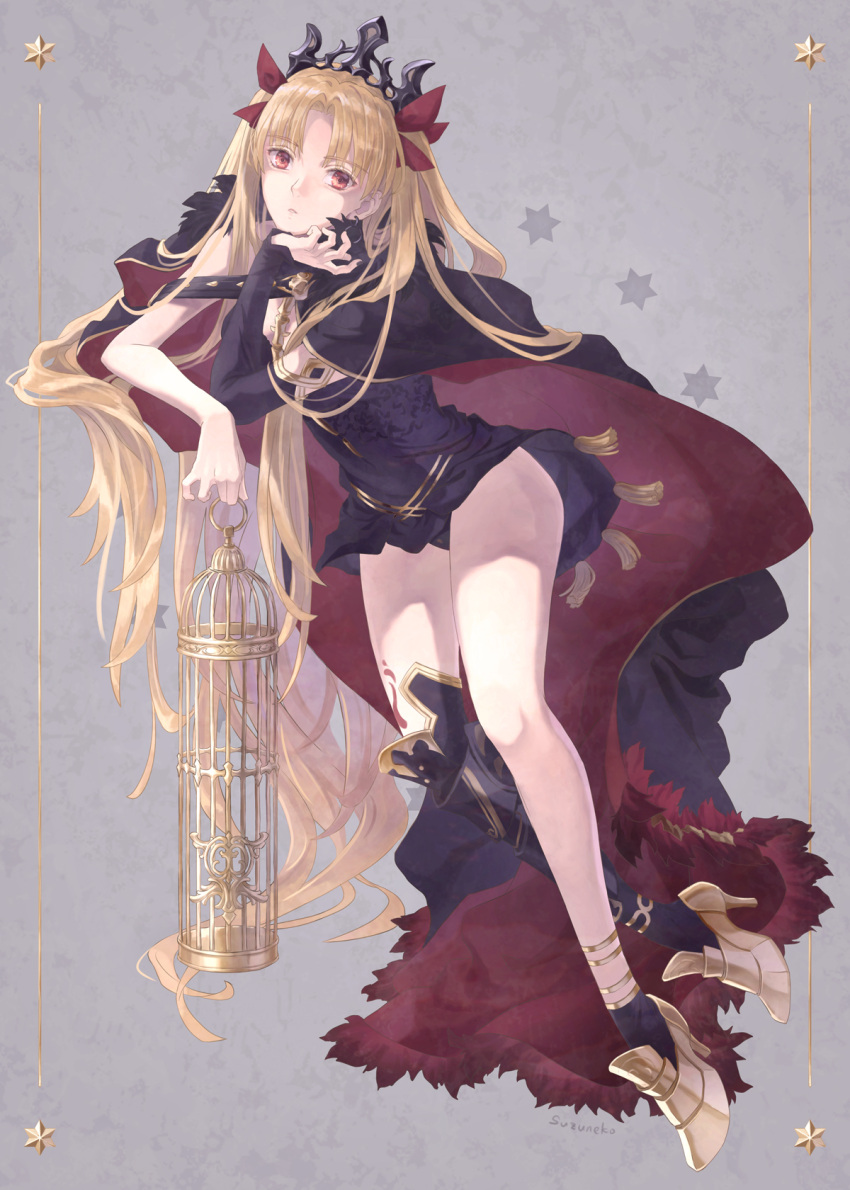 1girl artist_name asymmetrical_legwear bangs black_dress black_headwear blonde_hair cage cape dress earrings elbow_rest ereshkigal_(fate) eyebrows_visible_through_hair fate/grand_order fate_(series) full_body gold_footwear hair_ribbon head_rest high_heels highres holding holding_cage jewelry leaning_to_the_side long_hair looking_at_viewer parted_lips red_eyes red_ribbon ribbon short_dress solo spread_legs suzuneko-rin tassel thighs tiara twintails two_side_up uneven_legwear very_long_hair
