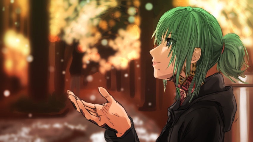 1girl black_hoodie blue_eyes closed_mouth commentary from_side full-body_tattoo green_hair hand_up highres hood hood_down hoodie kilye_kairi mole mole_under_mouth neck_tattoo original ponytail profile snow solo tattoo