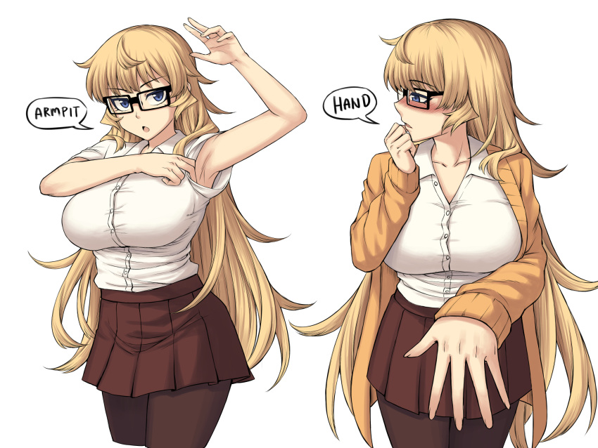 1girl arm_up armpits bespectacled black-framed_eyewear black_legwear blonde_hair blue_eyes blush breasts brown_skirt collar collarbone commentary english_commentary english_text flustered furi2play! glasses highres jacket large_breasts long_hair looking_at_viewer margit_hartmann multiple_views open_mouth orange_jacket outstretched_hand pantyhose peach_(momozen) shirt simple_background skirt solo speech_bubble very_long_hair white_background white_shirt