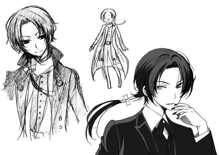 1boy alternate_costume formal graphite_(medium) greyscale hand_on_own_face highres kashuu_kiyomitsu kinoshita_sakura long_hair low_ponytail male_focus mole mole_under_mouth monochrome multiple_views nail_polish ponytail scarf sketch smile touken_ranbu traditional_media