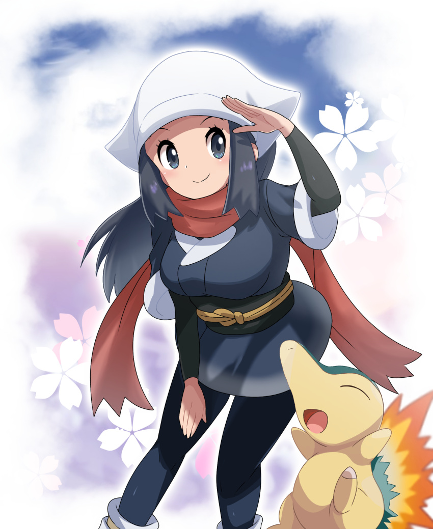 1girl black_hair black_legwear black_undershirt blush closed_mouth commentary_request eyelashes female_protagonist_(pokemon_legends:_arceus) fire floating_hair grey_eyes hand_up head_scarf highres leaning_forward long_hair looking_to_the_side pantyhose pokemon pokemon_(creature) pokemon_(game) pokemon_legends:_arceus red_scarf saon101 sash scarf sidelocks smile socks starter_pokemon undershirt white_headwear white_legwear