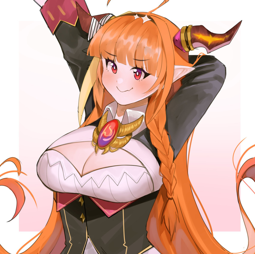 1girl bangs blonde_hair blunt_bangs braid breasts closed_mouth diagonal-striped_bow dragon_girl dragon_horns highres hololive horn_ornament horns kiryu_coco kumaartsu large_breasts long_hair long_sleeves orange_hair pointy_ears red_eyes side_braid solo virtual_youtuber