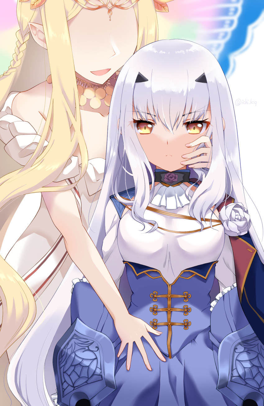 2girls aurora_(fate) bangs bare_shoulders blonde_hair blue_cape blue_dress braid breasts brown_eyes cape circlet dress faceless faceless_female fairy fairy_knight_lancelot_(fate) fairy_wings fate/grand_order fate_(series) flower frills highres ichi_kq jewelry long_hair long_sleeves looking_at_viewer multiple_girls necklace open_mouth parted_bangs sidelocks small_breasts smile very_long_hair weapon white_dress white_hair wings