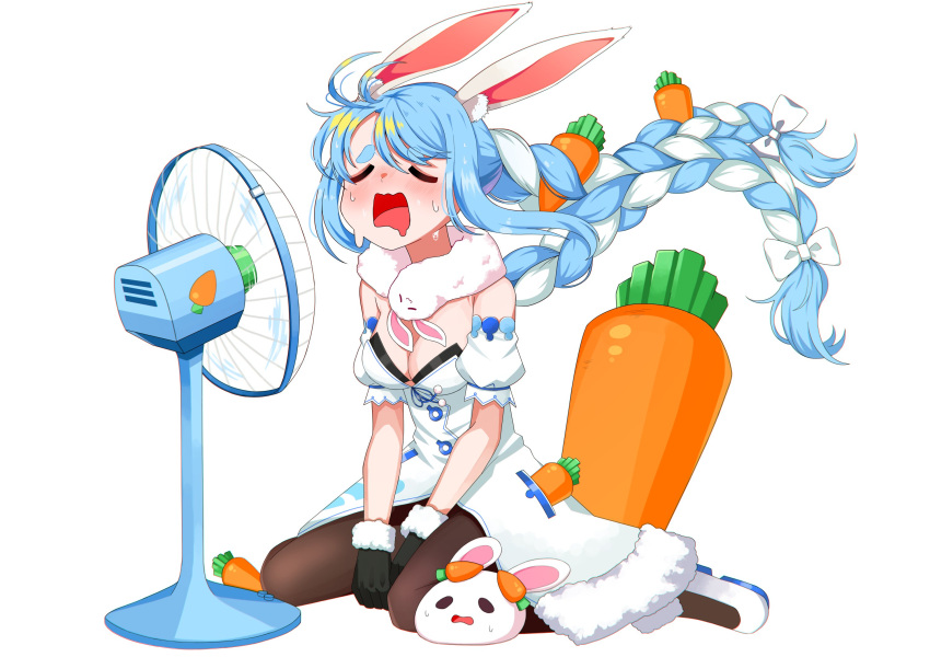 1girl animal_ear_fluff animal_ears black_gloves blue_hair bow braid breasts carrot carrot_hair_ornament closed_eyes coat detached_sleeves don-chan_(usada_pekora) electric_fan eyebrows_visible_through_hair floating_hair food-themed_hair_ornament fur_trim gloves hair_ornament highres hololive kneeling long_hair mouth_drool multicolored_hair nousagi_(usada_pekora) pantyhose rabbit_ears rabbit_girl short_eyebrows short_sleeves small_breasts sweat thick_eyebrows twin_braids two-tone_hair tyureu usada_pekora very_long_hair white_bow white_coat white_hair