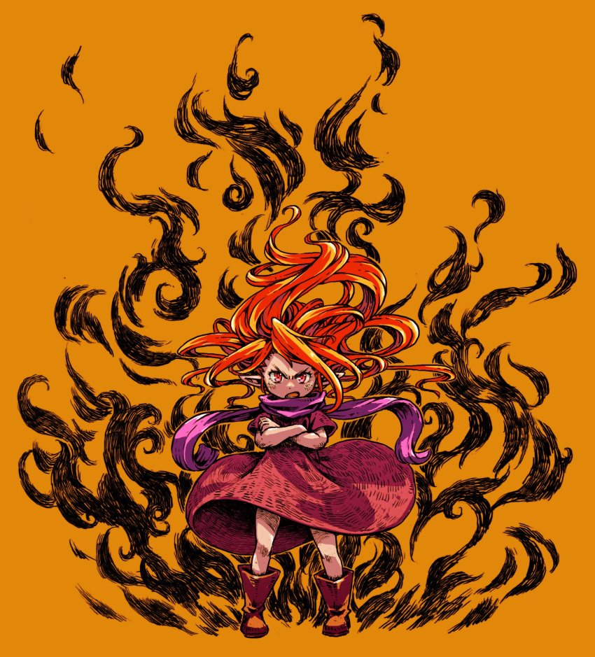 1girl child commentary_request crossed_arms dress fire floating_hair glaring hatching_(texture) highres long_hair looking_at_viewer momochichi77 open_mouth orange_background orange_hair original pointy_ears purple_scarf red_dress red_eyes red_footwear scarf short_sleeves solo standing straight-on v-shaped_eyebrows wide_shot