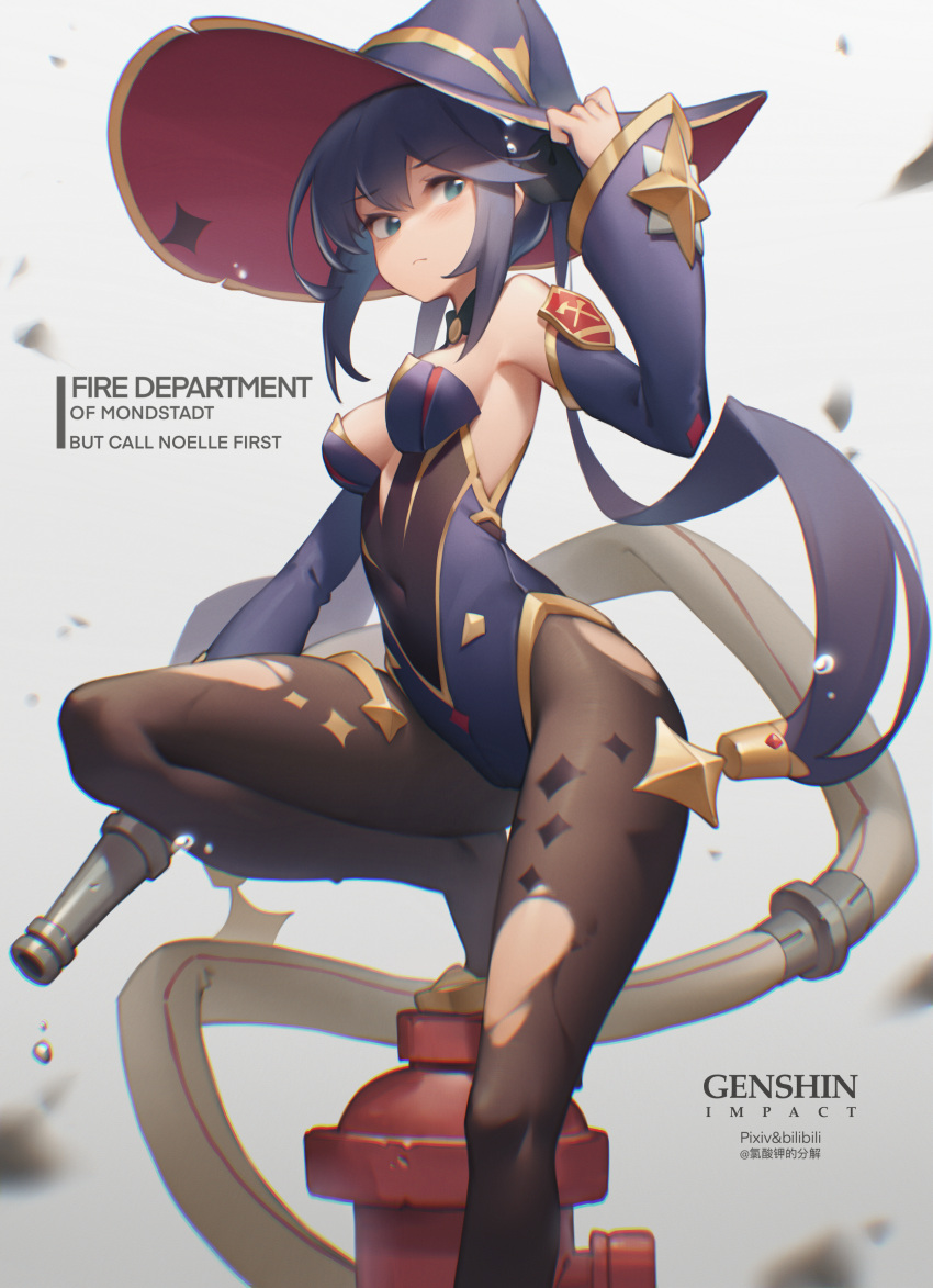 1girl absurdres adjusting_clothes adjusting_headwear bangs bare_shoulders bilibili_xiaolu black_hair blue_eyes blush breasts brown_legwear commentary_request copyright_name covered_navel detached_sleeves fire_hydrant foot_out_of_frame genshin_impact grey_background hand_up hat highres hose huge_filesize leotard long_hair looking_at_viewer medium_breasts mona_(genshin_impact) panties partial_commentary simple_background solo strapless strapless_leotard thighs underwear very_long_hair witch_hat