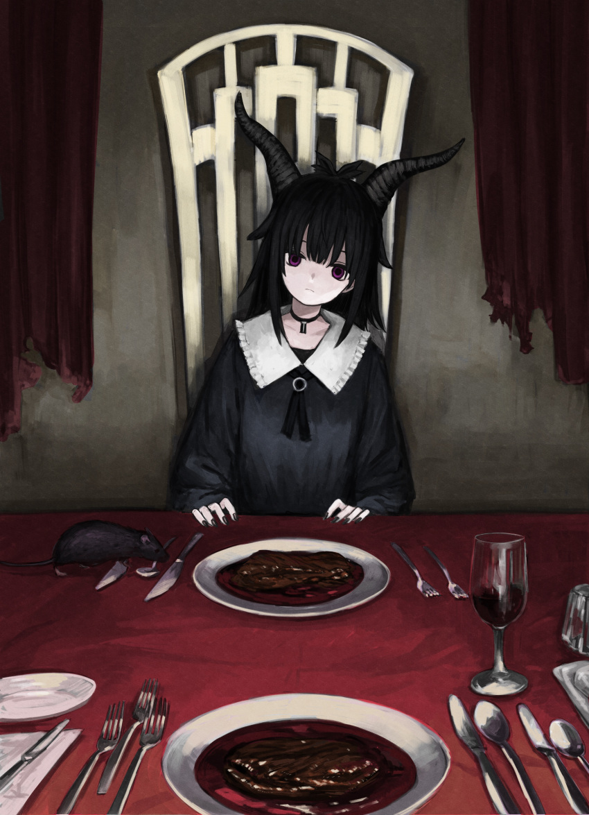 1girl absurdres animal bangs black_choker black_hair black_nails black_neckwear black_shirt blunt_bangs chair choker closed_mouth cup curtains cutlery demon_horns dilated_pupils drink drinking_glass expressionless fingernails food food_request fork frilled_shirt_collar frills highres horns indoors knife long_fingernails long_hair long_sleeves looking_at_viewer original pale_skin plate rat red_curtains shinamida shirt sitting solo spoon straight-on table table_knife torn_curtains tray violet_eyes wine_glass