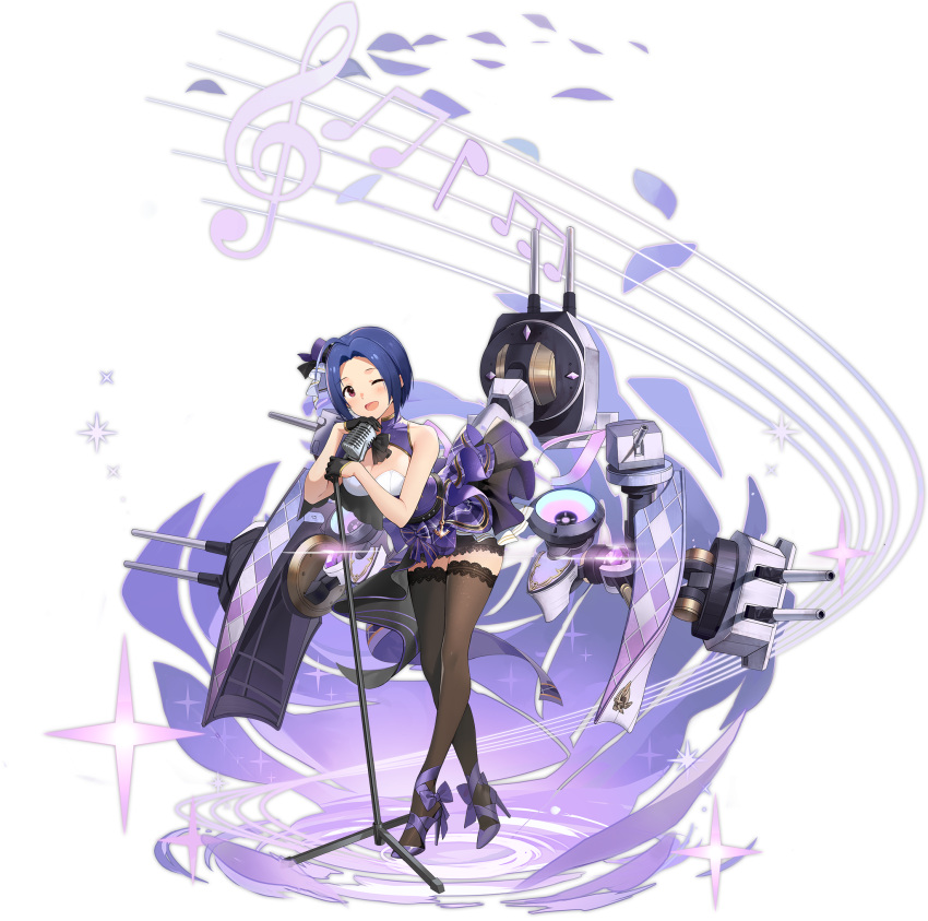 1girl ahoge artist_request azur_lane bare_shoulders black_gloves black_legwear blue_hair breasts gloves high_heels highres idolmaster idolmaster_(classic) large_breasts looking_at_viewer microphone microphone_stand miura_azusa official_art one_eye_closed open_mouth purple_footwear rigging short_hair sleeveless standing thigh-highs transparent_background turret