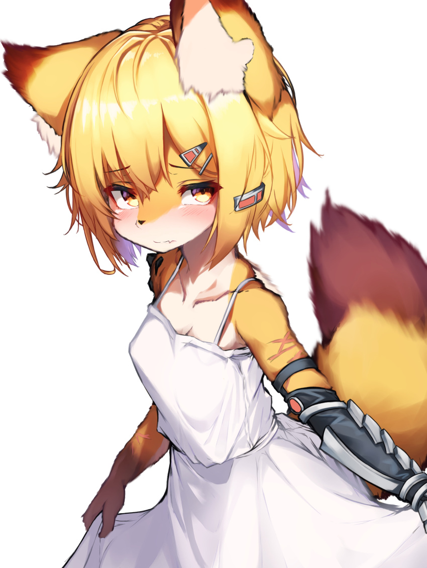 1girl absurdres animal_ear_fluff animal_ears animal_nose arknights blonde_hair breasts commentary cowboy_shot dress fang fox_ears fox_girl fox_tail furrification furry hair_ornament hairclip highres oripathy_lesion_(arknights) prosthesis prosthetic_arm short_hair simple_background skin_fang small_breasts solo spaghetti_strap tab_head tail vermeil_(arknights) white_background white_dress yellow_eyes