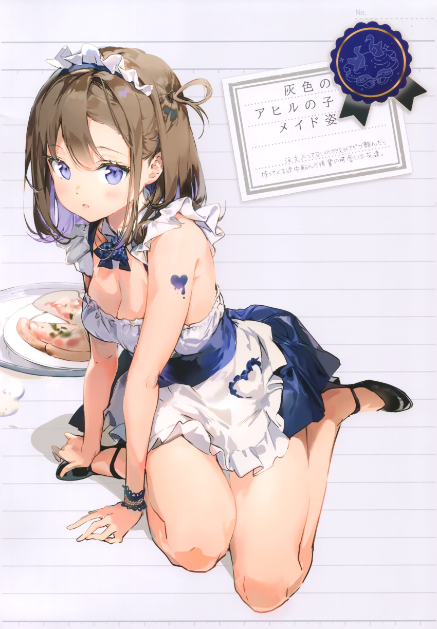 1girl absurdres anmi apron arm_support bangs bare_shoulders black_footwear blush breasts brown_hair dress eyebrows_visible_through_hair feet food frills full_body hair_ornament highres legs looking_at_viewer maid_headdress medium_breasts open_mouth original pizza scan shiny shiny_hair simple_background sitting sleeveless solo tattoo tied_hair tray violet_eyes waist_apron waitress wrist_cuffs