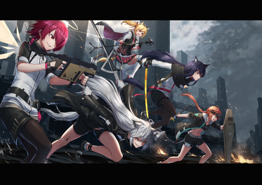 5girls absurdres aiming angel_wings animal_ears arknights bangs battle belt black_hair black_jacket blonde_hair building cape closed_mouth clouds cloudy_sky cow_horns croissant_(arknights) dark_clouds destruction exusiai_(arknights) fighting_stance fire floating_hair fox_ears fox_girl fox_tail from_side grin gun hair_over_one_eye halo highres holding holding_gun holding_shield holding_staff holding_sword holding_weapon horns id_card jacket jirofly jumping kriss_vector lappland_(arknights) long_hair looking_ahead midriff multiple_girls navel open_mouth orange_hair pantyhose parted_lips penguin_logistics_(arknights) pink_skirt pleated_skirt rain red_eyes redhead running serious shield short_hair shorts skirt sky smile smirk sora_(arknights) staff submachine_gun sword tail texas_(arknights) twintails v-shaped_eyebrows v-shaped_eyes very_long_hair weapon white_hair wings wolf_ears wolf_girl wolf_tail