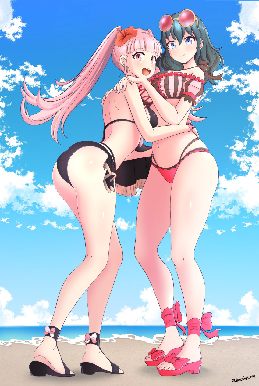 2girls absurdres ass back bangs beach bikini black_bikini black_footwear breasts byleth_(fire_emblem) byleth_eisner_(female) clouds commission day english_commentary eyebrows_visible_through_hair eyewear_on_head fire_emblem fire_emblem:_three_houses fire_emblem_heroes full_body green_eyes green_hair hands_on_another's_shoulders highres hilda_valentine_goneril hug jarckius_art large_breasts leaning_forward long_hair looking_at_viewer multiple_girls ocean open_mouth outdoors pink_bikini pink_eyes pink_footwear pink_hair smile standing sunglasses swimsuit toeless_footwear twintails twitter_username