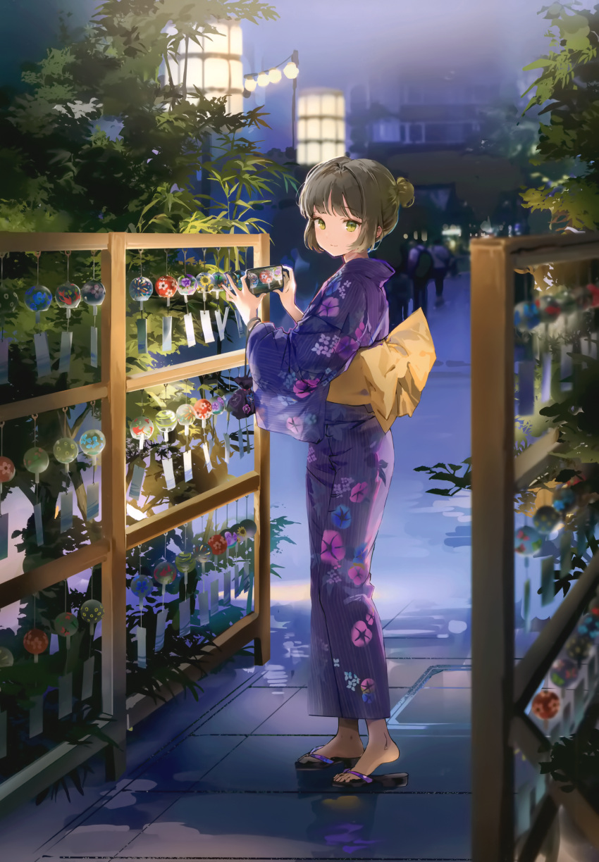 1girl absurdres anmi bag bangs brown_hair cellphone closed_mouth eyebrows_visible_through_hair floral_print full_body green_eyes hair_bun highres holding japanese_clothes kimono long_sleeves looking_at_viewer obi original phone purple_kimono sandals sash scan shiny shiny_hair simple_background smartphone smile solo standing tied_hair toes wide_sleeves wind_chime