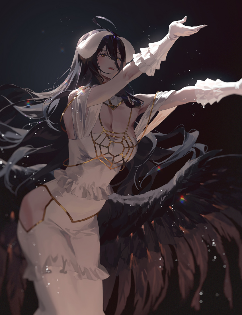 1girl albedo_(overlord) bangs bare_shoulders black_hair breasts demon_girl demon_horns demon_wings dress duplicate fajyobore feathered_wings gloves highres horns long_hair looking_up no_bra no_panties outstretched_hand overlord_(maruyama) pelvic_curtain pixel-perfect_duplicate smile very_long_hair white_dress white_gloves wings yellow_eyes