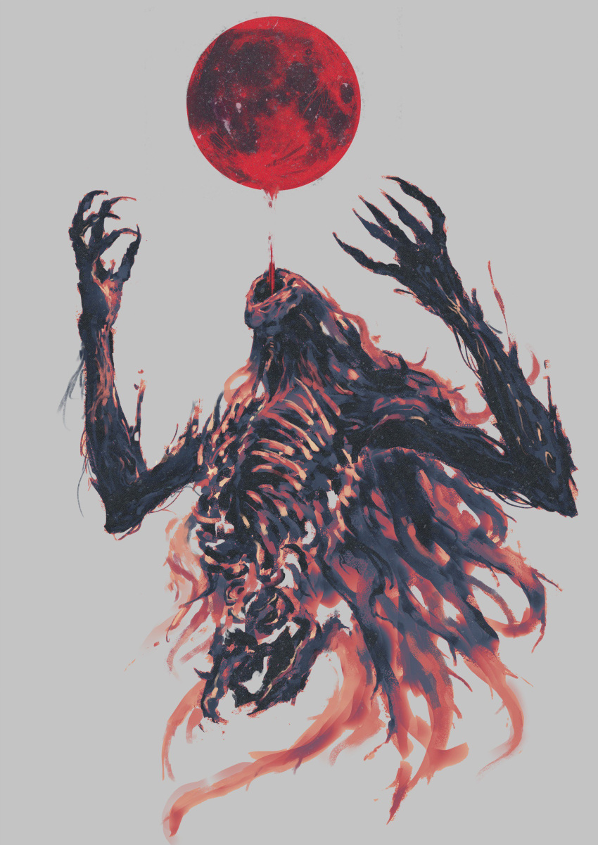 absurdres blood bloodborne character_request claws commentary eldritch_abomination english_commentary grey_background hands_up highres monochrome moon no_humans red_moon red_theme shimhaq simple_background