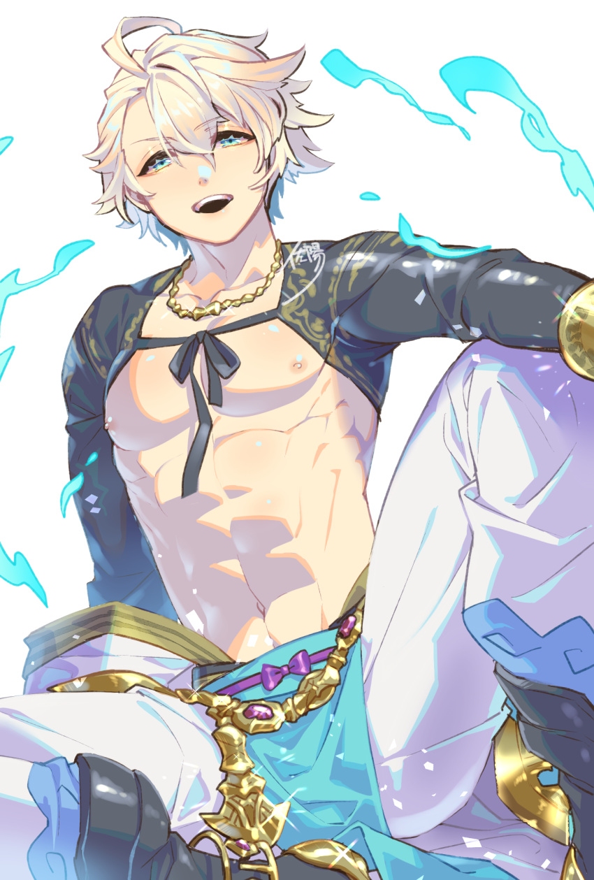 1boy abs ahoge aladdin_(sinoalice) arabian_clothes bad_id bad_pixiv_id baggy_pants bare_pectorals blonde_hair blue_eyes boots chain eyebrows_visible_through_hair gold happy highres jewelry looking_at_viewer male_focus necklace open_mouth pants pectorals short_hair simple_background sinoalice sitting skky3 solo waist_cape white_background