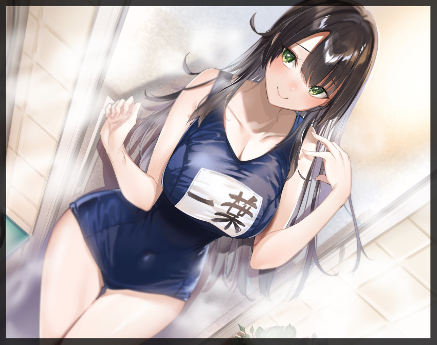 1girl absurdres against_door bangs bare_shoulders black_hair breasts competition_school_swimsuit competition_swimsuit green_eyes highres kakao_(chocolate_land) large_breasts legs_together looking_to_the_side navel one-piece_swimsuit original skin_tight skindentation smile solo steam swimsuit thigh_gap