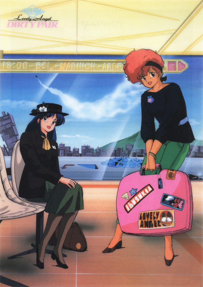 1980s_(style) absurdres aircraft airplane blue_eyes blue_hair chair character_name copyright_name day dirty_pair flower green_skirt hat hat_flower headband highres holding_luggage indoors kei_(dirty_pair) long_hair long_sleeves luggage official_art open_mouth red_eyes redhead retro_artstyle scan short_hair sitting skirt standing v_arms window yuri_(dirty_pair)