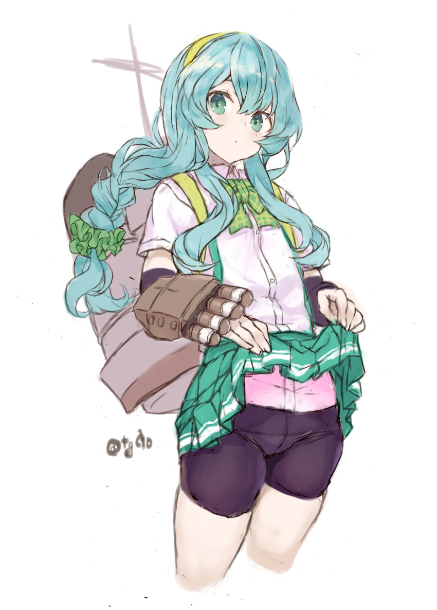 1girl aqua_hair arm_warmers bangs bike_shorts braid closed_mouth clothes_lift cropped_legs green_eyes green_hairband green_skirt hair_ornament hair_scrunchie hairband highres kantai_collection lifted_by_self long_hair one-hour_drawing_challenge rigging ryo_(tg290) scrunchie shirt short_sleeves shorts shorts_under_skirt sidelocks signature simple_background single_braid skirt skirt_lift solo white_background white_shirt yamagumo_(kancolle)
