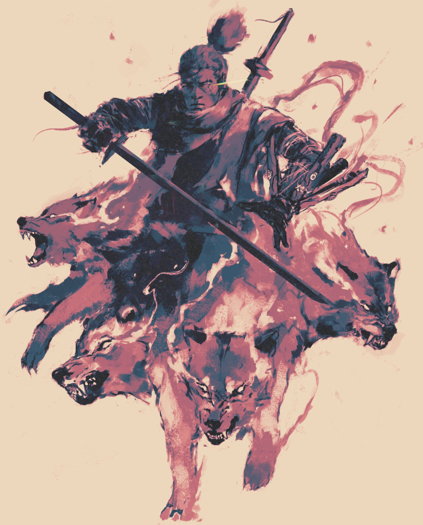 1boy closed_mouth commentary english_commentary glowing glowing_eyes highres holding holding_sword holding_weapon katana looking_at_viewer scarf sekiro sekiro:_shadows_die_twice shimhaq sword weapon weapon_on_back wolf yellow_background