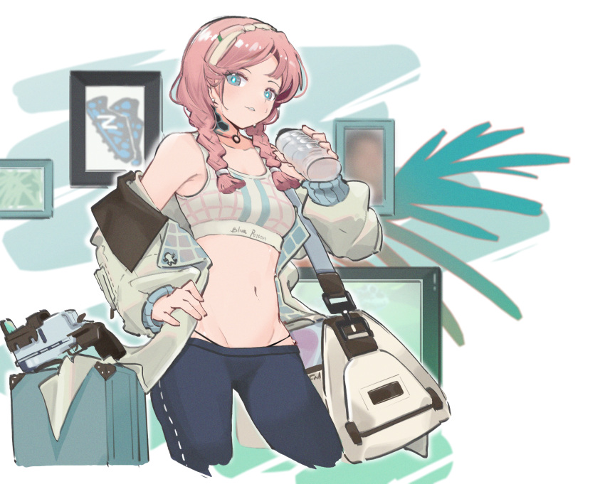 1girl arknights bag blue_eyes blue_pants blue_poison_(arknights) blue_poison_(shoal_beat)_(arknights) bottle braid character_name collarbone commentary contrapposto duffel_bag english_commentary groin gun hairband hand_on_hip hand_up highres holding holding_bottle jacket light_smile long_hair long_sleeves looking_at_viewer midriff navel off_shoulder official_alternate_costume pants parted_lips picture_frame pink_hair shoulder_bag siguma_(13238772100) solo sports_bra suitcase sweat twin_braids water_bottle weapon white_background white_jacket white_sports_bra