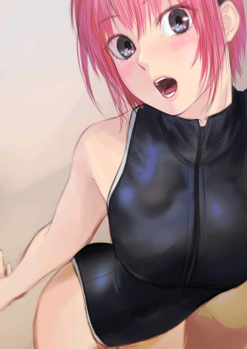1girl bare_arms bare_shoulders black_swimsuit blush breasts competition_swimsuit cowboy_shot front_zipper_swimsuit grey_eyes highres kilye_kairi large_breasts looking_at_viewer meme_attire one-piece_swimsuit open_mouth original pink_hair short_hair solo swimsuit