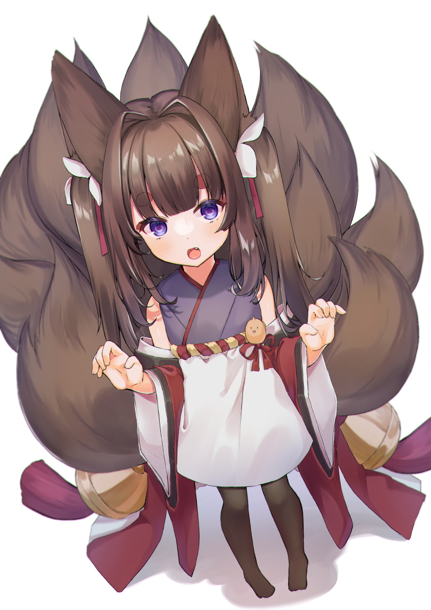 1girl :o absurdres amagi-chan_(azur_lane) animal_ears azur_lane bangs blunt_bangs brown_hair chan'nu claw_pose commentary_request detached_sleeves eyebrows_visible_through_hair eyes_visible_through_hair eyeshadow fox_ears fox_girl fox_tail from_above full_body highres kyuubi long_hair looking_at_viewer looking_up makeup manjuu_(azur_lane) multiple_tails off-shoulder_kimono rope shimenawa sidelocks simple_background solo standing tail thick_eyebrows twintails violet_eyes white_background wide_hips