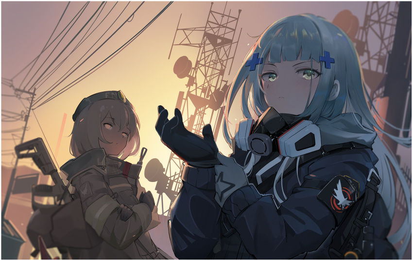 2girls adjusting_clothes adjusting_gloves agent_416_(girls_frontline) armband asymmetrical_gloves bangs black_gloves black_jacket blue_eyes blue_hair blurry blurry_background brown_coat character_request closed_mouth coat commentary crossed_arms dusk dutch_angle eyebrows_visible_through_hair frown girls_frontline gloves grey_gloves grey_hair gun hair_ornament highres hk416_(girls_frontline) jacket long_hair long_sleeves looking_at_viewer mask mask_around_neck mismatched_gloves multiple_girls outdoors power_lines satellite_dish short_hair siguma_(13238772100) sunset transmission_tower upper_body utility_pole weapon weapon_on_back weapon_request x_hair_ornament