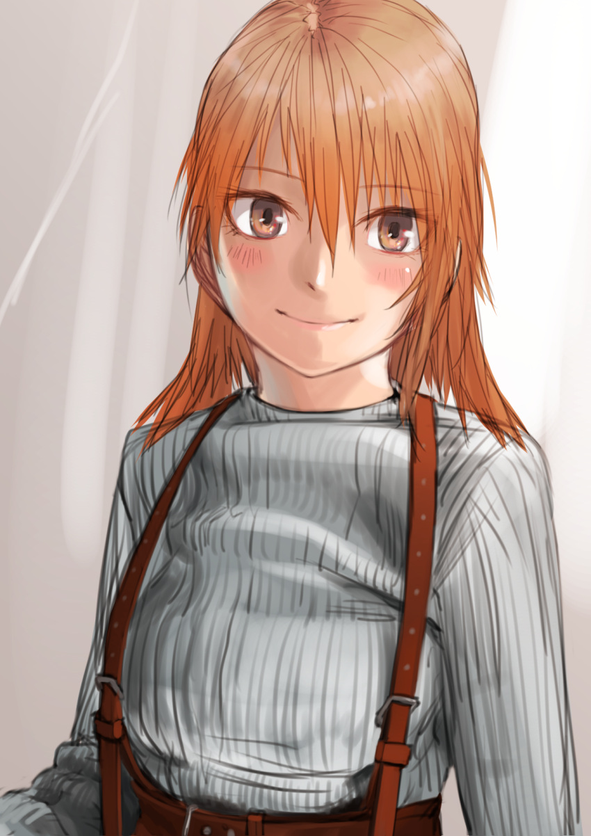 1girl blush brown_eyes closed_mouth hair_between_eyes highres kilye_kairi looking_at_viewer medium_hair orange_hair original ribbed_sweater smile solo suspenders sweater upper_body white_sweater