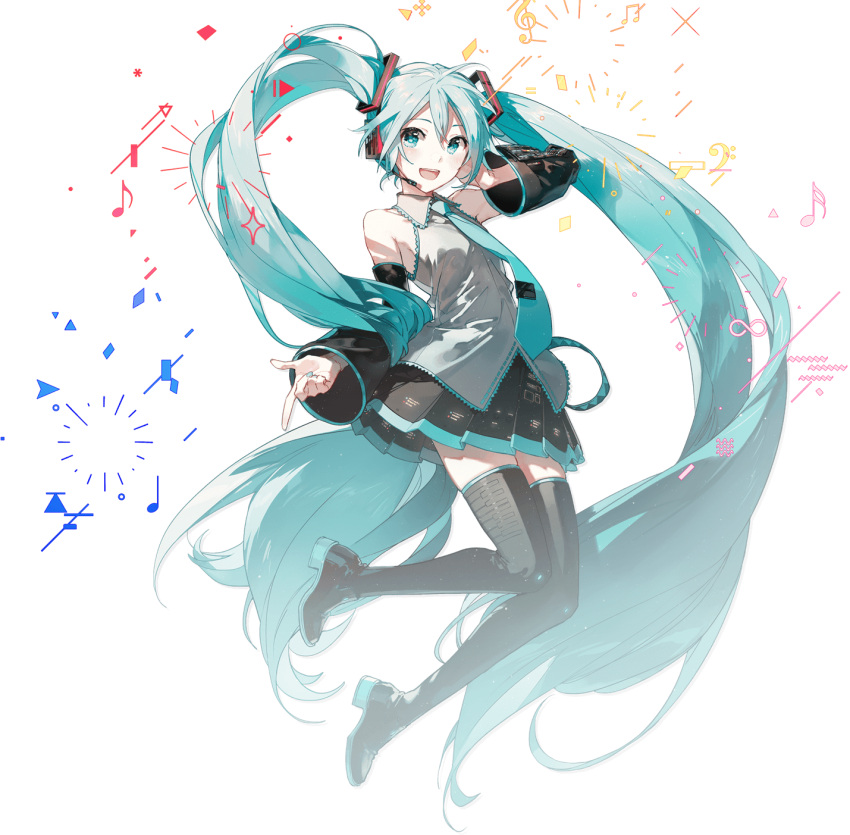 1girl aqua_eyes aqua_hair aqua_nails aqua_neckwear bare_shoulders beamed_eighth_notes black_legwear black_skirt black_sleeves boots confetti detached_sleeves floating full_body grey_shirt hair_ornament hand_on_headphones hatsune_miku headphones headset high_heels highres index_finger_raised long_hair looking_at_viewer miniskirt musical_note nail_polish necktie open_mouth piano_print pleated_skirt quarter_note rella shirt skindentation skirt sleeveless sleeveless_shirt smile solo sparkle thigh-highs thigh_boots transparent_background treble_clef twintails very_long_hair vocaloid zettai_ryouiki