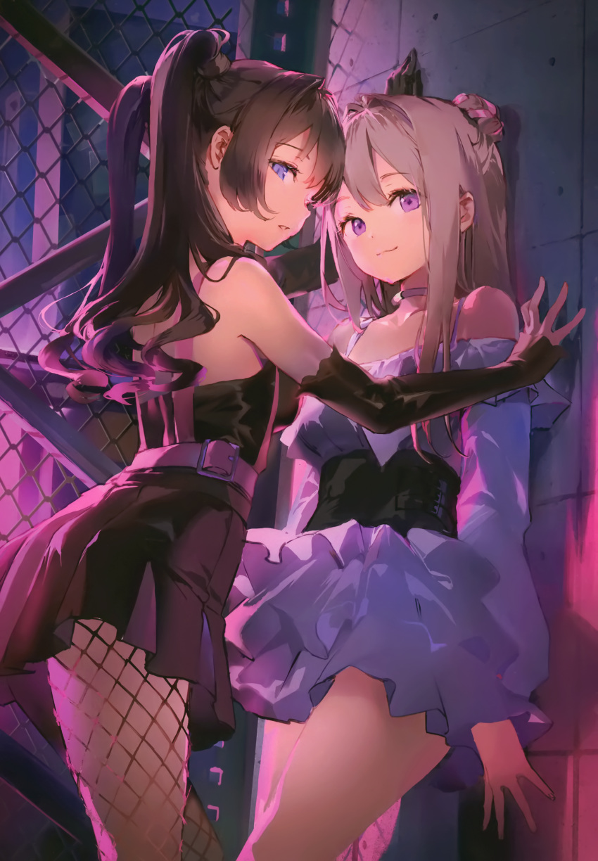 2girls absurdres against_wall anmi bangs bare_shoulders black_dress black_hair blue_eyes brown_hair chain-link_fence choker dress fence fishnet_legwear fishnets highres layered_dress layered_skirt long_hair long_sleeves looking_at_viewer looking_back multiple_girls open_mouth original parted_lips scan short_dress sidelocks simple_background skirt tied_hair twintails violet_eyes white_dress