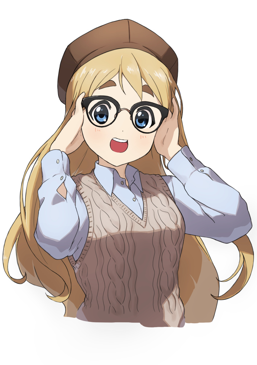 1girl absurdres aran_sweater blonde_hair blue_eyes blue_shirt brown_headwear brown_sweater_vest collared_shirt commentary_request cropped_torso glasses hands_up hat highres k-on! kicchi_(tmgk) kotobuki_tsumugi long_hair long_sleeves open_mouth shirt smile solo sweater thick_eyebrows upper_body upper_teeth white_background