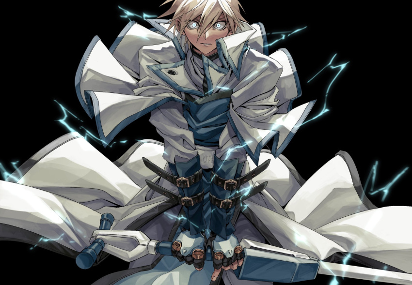 1boy angry belt black_background blonde_hair blue_eyes clenched_teeth dong_hole english_commentary fingerless_gloves gloves glowing glowing_eyes guilty_gear guilty_gear_x guilty_gear_xx highres holding holding_weapon ky_kiske lightning male_focus short_hair simple_background sword teeth weapon