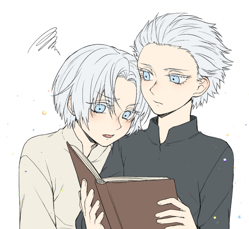 2boys bangs black_shirt blue_eyes book brothers child dante_(devil_may_cry) devil_may_cry_(series) eyebrows_visible_through_hair hair_slicked_back head_on_another's_shoulder holding holding_book kuronohana long_sleeves looking_at_another male_focus multiple_boys open_book parted_bangs reading shirt short_hair siblings simple_background squiggle twins vergil_(devil_may_cry) white_background white_shirt younger