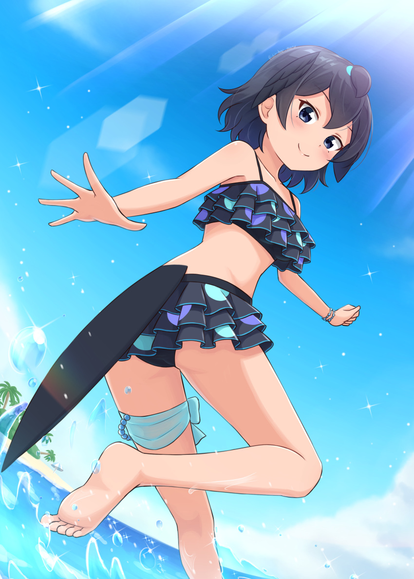 1girl absurdres bare_arms bare_legs bare_shoulders barefoot bikini bikini_skirt black_bikini black_eyes black_hair blue_sky bracelet commentary_request day dutch_angle feet greater_lophorina_(kemono_friends) head_wings highres jewelry kemono_friends lens_flare looking_at_viewer outdoors palm_tree shiraha_maru short_hair skirt sky smile soles solo sunlight swimsuit tail tree wading water water_drop