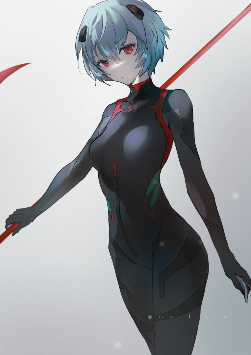 1girl absurdres ayanami_rei bangs black_bodysuit blue_hair bodysuit breasts closed_mouth commentary eyebrows_visible_through_hair grey_background hair_between_eyes highres holding looking_at_viewer mochii neon_genesis_evangelion plugsuit red_eyes short_hair small_breasts solo twitter_username