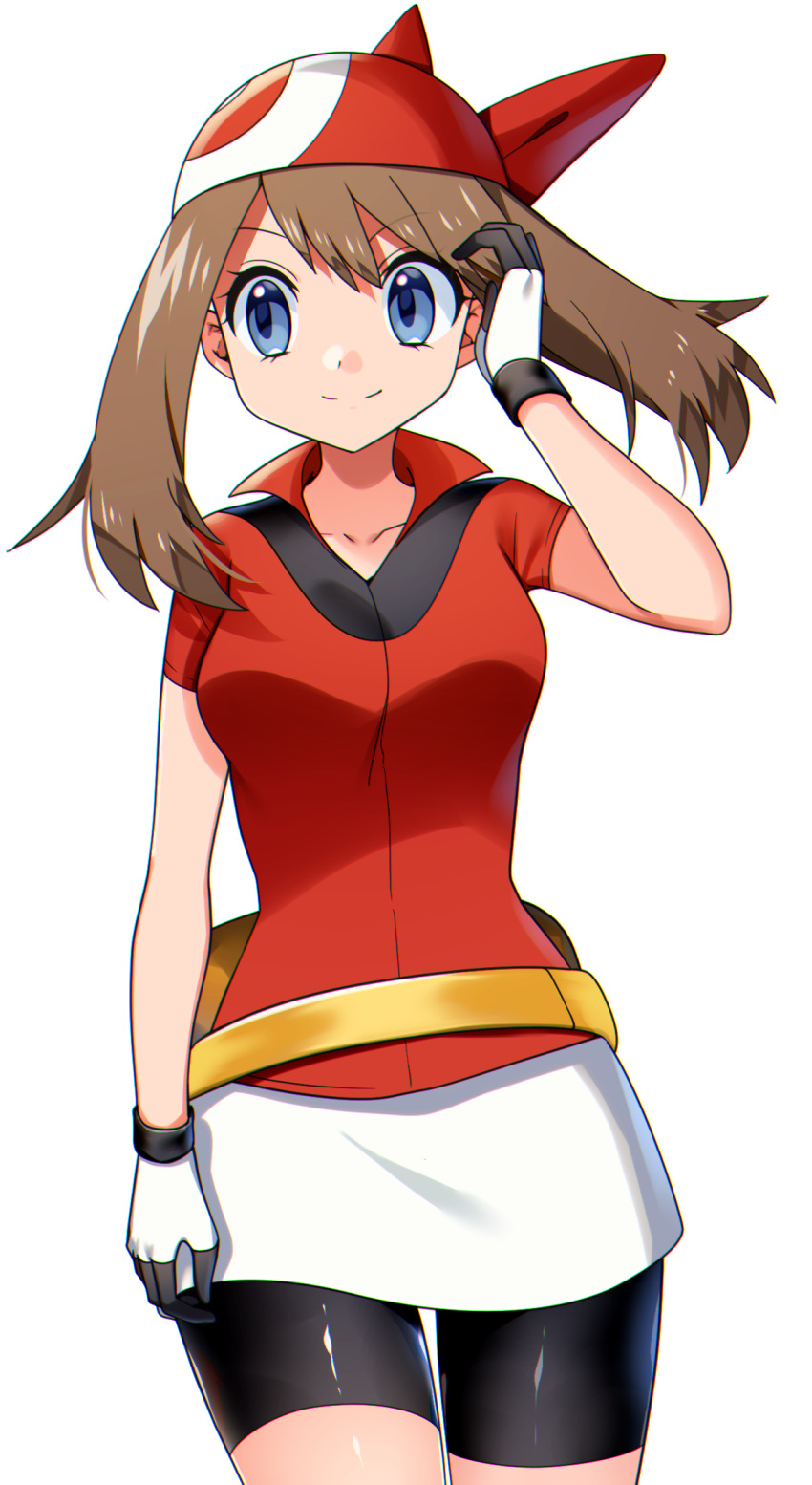 1girl bangs bike_shorts blue_eyes breasts brown_hair closed_mouth collarbone collared_shirt commentary cowboy_shot eyelashes fanny_pack floating_hair gloves hand_up highres long_hair may_(pokemon) pokemon pokemon_(game) pokemon_rse red_bandana red_shirt shiny shiny_clothes shiny_skin shirt short_sleeves sideways_glance simple_background skirt smile solo split_mouth white_background white_gloves white_skirt yellow_bag yuihico