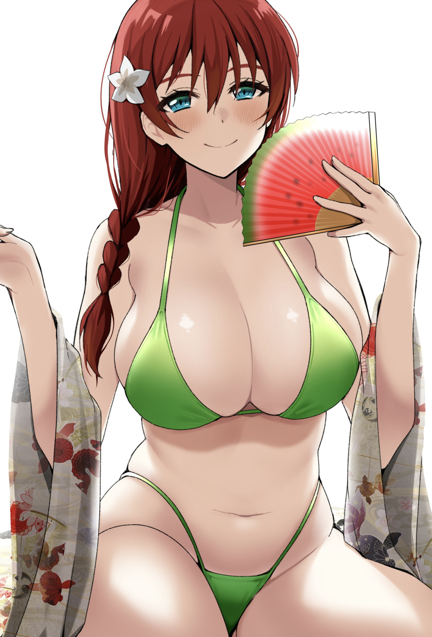 1girl absurdres bikini blue_eyes blush braid breasts closed_mouth emma_verde flower green_bikini hair_between_eyes hair_flower hair_ornament hand_fan highres holding holding_fan kitaku_jikan_(ktk_jkn) large_breasts long_hair looking_at_viewer love_live! love_live!_nijigasaki_high_school_idol_club navel redhead simple_background single_braid smile solo swimsuit white_background