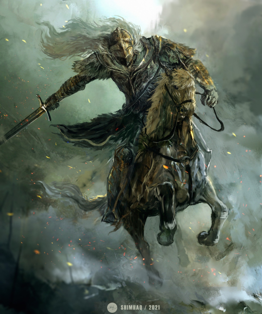 1boy commentary dated elden_ring english_commentary helmet highres holding holding_sword holding_weapon horse horseback_riding long_hair riding running shimhaq signature smoke solo sword tarnished_(elden_ring) weapon white_hair