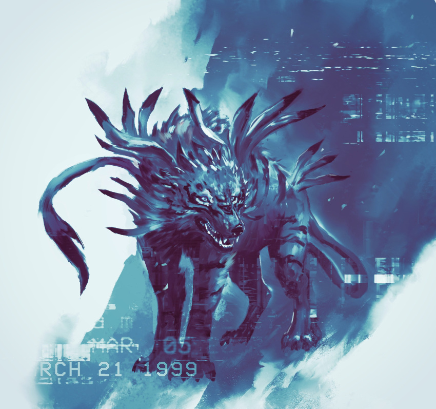 absurdres blue_theme digimon digimon_(creature) full_body garurumon highres monochrome no_humans shimhaq wolf