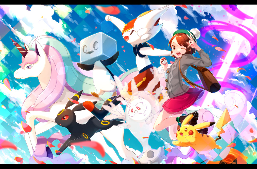 1girl 380_(380_taida) ;d backpack bag blurry bob_cut boots brown_bag brown_eyes brown_footwear brown_hair buttons cable_knit cardigan cinderace clouds commentary_request cursola day dress eiscue eiscue_(ice) energy_beam galarian_form galarian_rapidash gen_1_pokemon gen_2_pokemon gen_8_pokemon gloria_(pokemon) green_headwear green_legwear grey_cardigan hat holding holding_poke_ball one_eye_closed open_mouth outdoors pikachu pink_dress plaid plaid_legwear poke_ball poke_ball_(basic) pokemon pokemon_(creature) pokemon_(game) pokemon_swsh shiny shiny_hair short_hair sky smile socks tam_o'_shanter tongue umbreon upper_teeth
