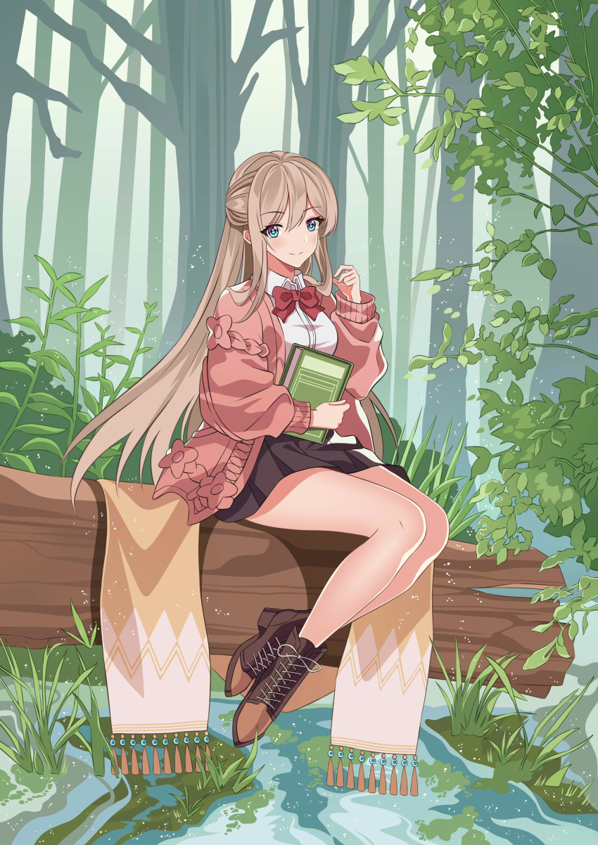 1girl absurdres arm_up black_skirt blonde_hair blue_eyes book bow bowtie breasts brown_footwear cardigan collared_shirt commentary_request crossed_ankles eyebrows_visible_through_hair eyes_visible_through_hair feng_shao_kky_(arj0522) highres holding holding_book log long_hair long_sleeves medium_breasts nature original outdoors pink_cardigan plant red_neckwear school_uniform shirt sidelocks sitting skirt thighs tree uniform water white_shirt