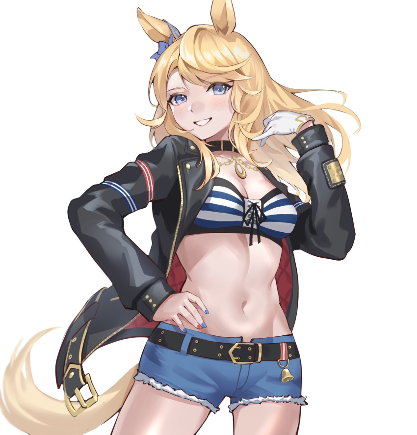 1girl absurdres animal_ears bandeau belt black_choker black_jacket blonde_hair blue_eyes blue_shorts bow breasts choker cowboy_shot crop_top cutoffs denim denim_shorts gloves gold_city_(umamusume) grin hair_bow hand_on_hip hand_up highres horse_ears jacket joeychen long_hair long_sleeves looking_at_viewer medium_breasts midriff nail_polish navel open_clothes open_jacket short_shorts shorts simple_background single_glove smile solo standing stomach strapless striped tubetop umamusume white_background white_gloves